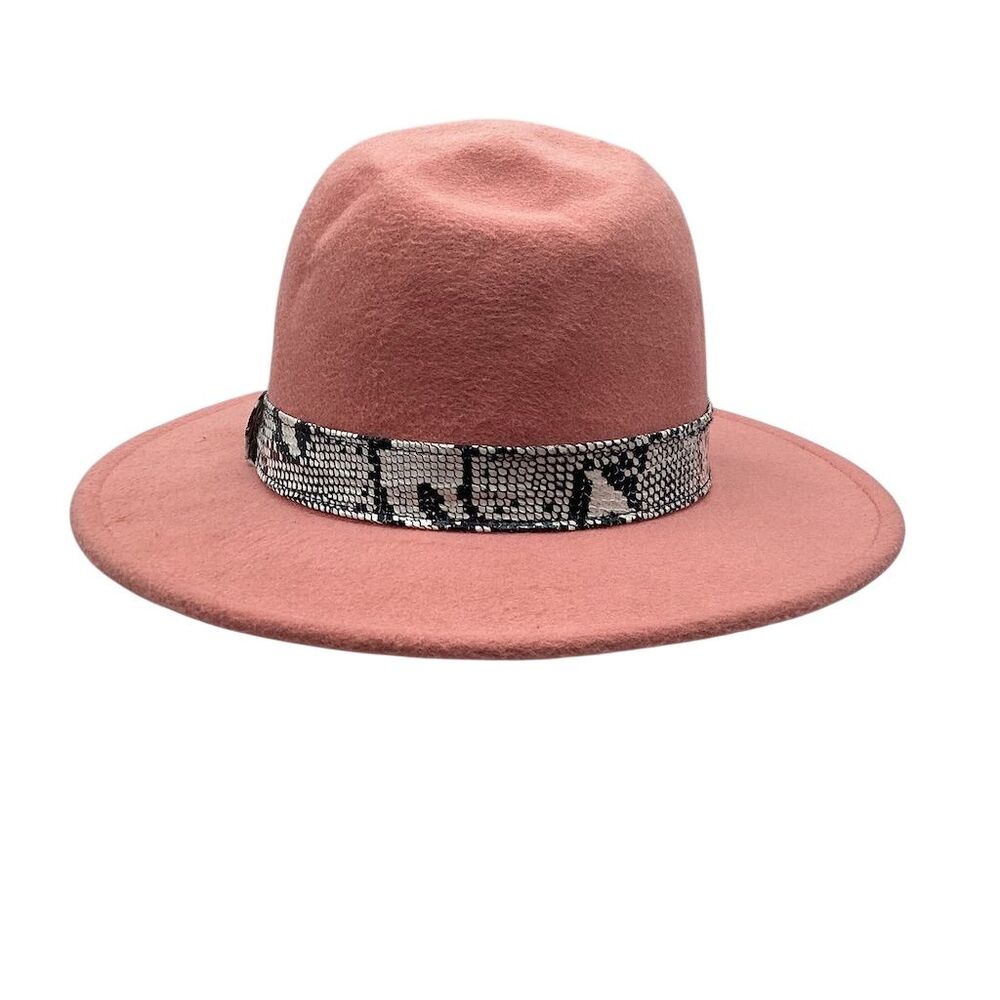 Women's Pink Wide‎ Brim Fedora Hat with Snakeskin Band
